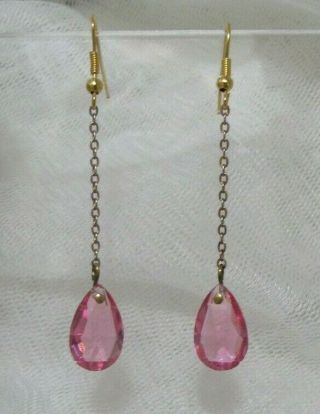 Vintage Antique Victorian - Art Deco Gold Colour Pink Glass Drop Earrings Restored