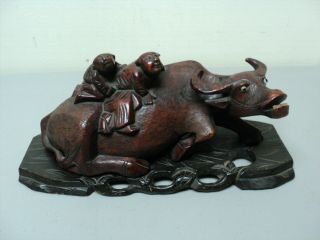 Unusual 19th C.  Chinese Hand Carved Wood Oxen Figurine,  Two Men Riding On Back