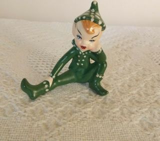 Vintage Ceramic Pixie Elf Figurine Sitting Green Suit Christmas