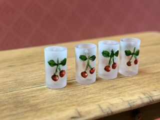 Vintage Miniature Dollhouse Artisan Four Drinking Glasses Hand Painted Cherries