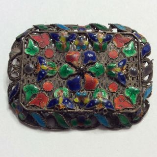Antique Chinese Sterling Silver Enamel Brooch Butterfly Flower 19th Cty Scroll