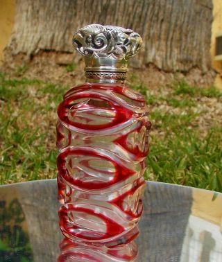 Victorian Solid Silver Swan Lid & Red Overlay Cut Glass Scent Bottle