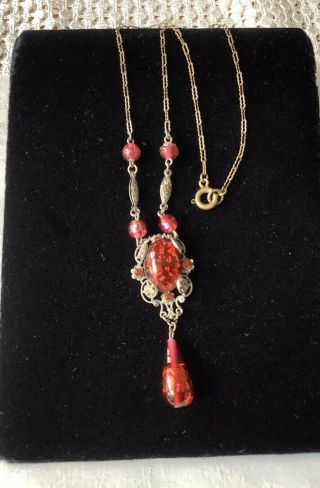 Vintage Art Deco Czech Filigree Ruby Red Foil Glass Drop Bead Necklace C1930’s