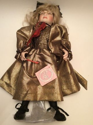 Vintage 16 " Porcelain Doll With Violin Treasures In Lace 1980 