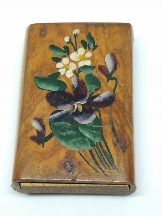 Antique Cannes France Souvenir Organic Wood Hand - Painted Floral Match Safe Vesta
