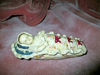 Antique German Porcelain Large Baby In Floral Bunting Trinket Box Pin Holder Nr