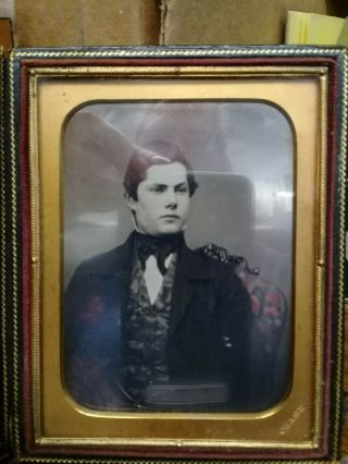 Antique 1/4th Plate Daguerreotype Image Of Man In A Chair Marked Chase W/case