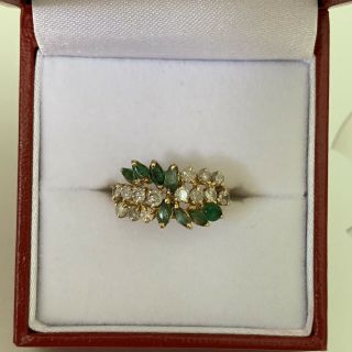 Emerald And Diamond Ring 18ct Yellow Gold Antique Vintage Marquise Cut