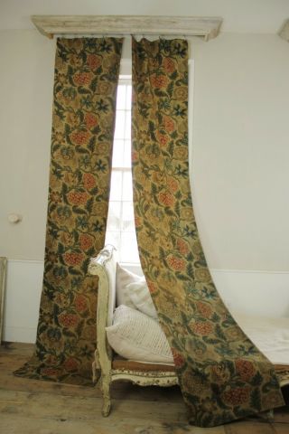 Antique Tapestry Needlework Embroidery Look Curtain French C1880 Raw Silk Cotton