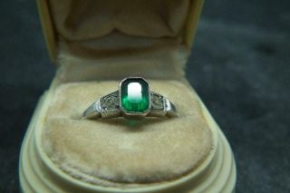 Stunning Antique Art Deco Emerald Paste Silver & 9ct Gold Ring Uk Size 