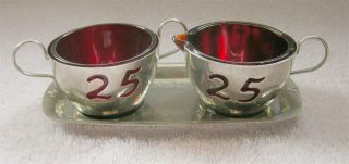 Vintage Silver Metal And Red Glass Cream/sugar Set England,  25 Anniversary