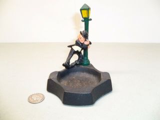 Vintage? Painted Cast Iron Ashtray With Drunk Man Leaning On Lamp Post