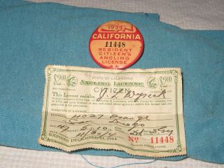 1934 Resident California Fishing License Button W/paper