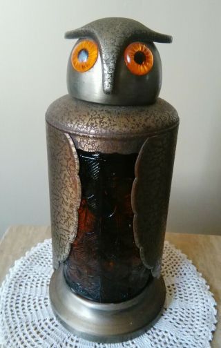 Vintage Metal,  Amber Glass Owl Bar Liquor Bottle Decanter