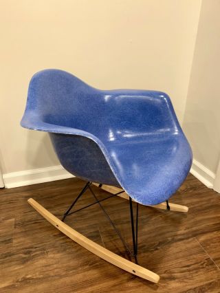 Restored Eames By Herman Miller Blue Fiberglass Shell Rocking Chair