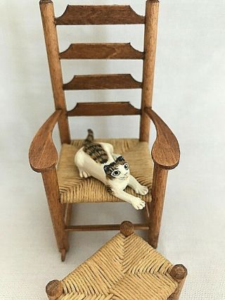 Vintage Dollhouse Miniature Artisan Hand Painted Cat With Chair And Footrest