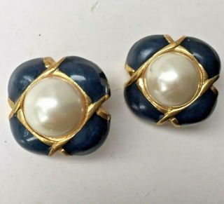 Vintage 80s Statement Large Clip On Earrings Blue Gold Tone Faux Pearl Costume