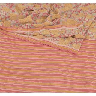 Sanskriti Vintage Pink Saree 100 Pure Crepe Silk Printed Fabric 5yd Craft Sari