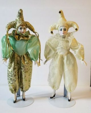 2 Vintage Jester Harliquin Porcelain Dolls With Stands Green Beige Gold