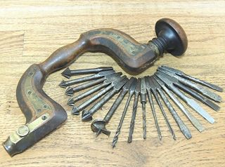 James Bee Sheffield Brass Plated Bit Brace W/bits - Antique Hand Tool - Drill - Brown