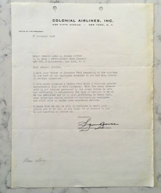 Major General John Brooks Signed Ww2 Letter Colonial Airlines Letterhead 1943