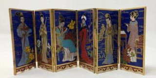 Vintage Miniature 6 Panel Ornate Figural Geisha Cloisonne Enamel Screen
