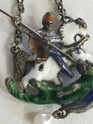 Stunning Antique Victorian Silver / Enamel Saint George Slaying Dragon Pendant