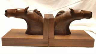 Vtg Mid Century Hand Carved Wooden Horse Head Bookends Brown Equine Decor Cowden