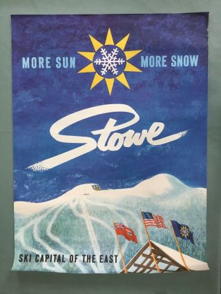 Vintage 1963 Stowe Vt Ski Resort Travel Poster By Howard Koslow,  30x40”