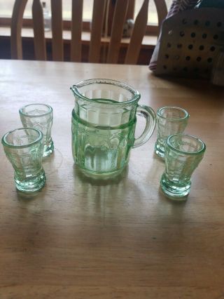 Vintage Depression Uranium Green Glass.  Miniature Pitcher With 4 Glasses