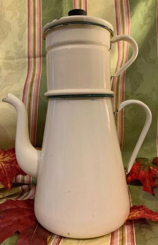 Vintage/antique French Cafe White Enamel Coffee Tea Pot Maker W/ Filters