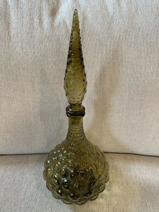 Vintage Genie Bottle Green Hobnail Bubble Art Glass Italian Empoli Decanter Vase