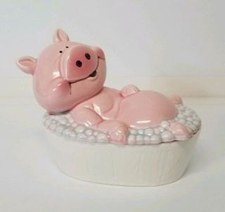 Vintage Ceramic Pink Pig In Bubble Bath Soap Dish With Lid Giftcraft