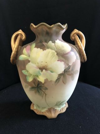Antique 19th Century Nippon Hand Painted Footed Beaded Urn Vase Orchids Handles