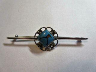 Vintage Arts & Crafts Sterling Silver & Turquoise Bar Brooch,  Pin - 5.  6g