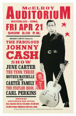 Country Music Art Print - Johnny Cash,  Waterloo,  Iowa,  1967 Vintage Poster 23x15