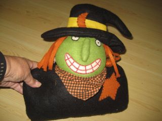 Vtg Wool Felt Halloween Orange Black Green Witch Pillow Primitive Embroideried