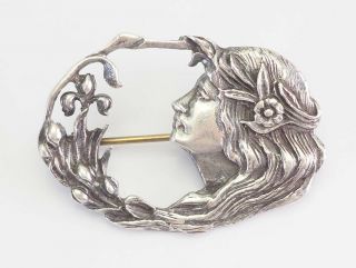 Elegant Vintage Art Nouveau Sterling Silver Woman Iris Flower Brooch Pin
