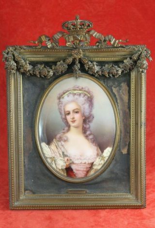 Antique French T Leroy Oval Enamel Portrait Mme De Montesson In 9 " Ormolu Frame