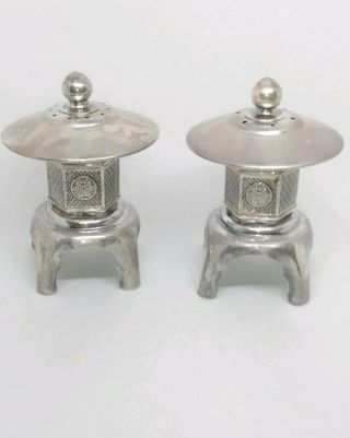 Vintage Japan Sterling Silver Pagoda Lattern Salt And Pepper Shakers
