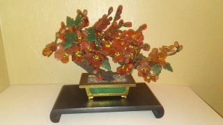 Vintage Chinese Carved Jade Tree Bonsai With Green Jade And Cornelian Stone