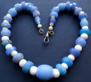 Antique Victorian Glass Trade Chunky Bead Set Necklace Turquoise Sky Blue - K104