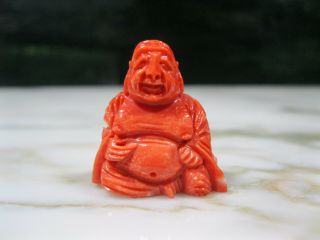 Vtg Chinese Carved Natural Salmon Momo Coral Buddha Statue On Wood Stand 12.  3 Gr