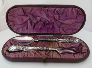 Ornate Hallmarked Victorian Silver Fork & Spoon (christening) George Unite C1860