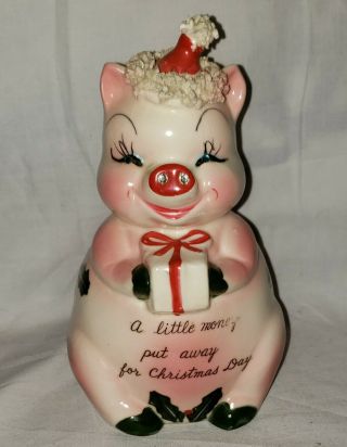 Vintage Kreiss Ceramics Christmas Piggy Bank Holly Rhinestones Eyes & Eyelashes