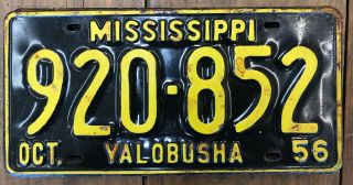 1 Antique Vintage 1956 Yalobusha Mississippi Car Tag License Plate Yellow Black
