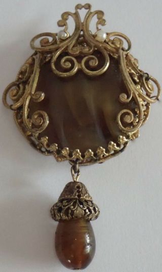 Vintage Miriam Haskell Gold Gilt Brass Art Glass Pearl Brooch