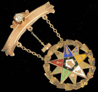 Antique 10k Yellow Gold Oes Order Of The Eastern Star Diamond Hanging Brooch Pin