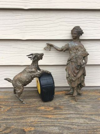 Antique French Girl & Goat Themed Mantel Clock Statues
