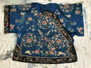 Antique Partial 19thc Chinese Embroidered Silk Robe Fine Floral Roundels Birds